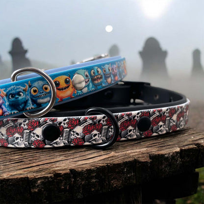 Skulls and Roses Patterned Dog Collar